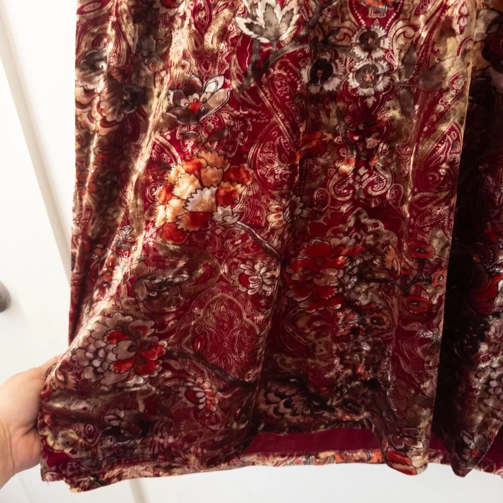 Vintage 90s Velvet Floral Top Womens L Dark Red Gold Paisley Witchy Romantic - Picture 3 of 11